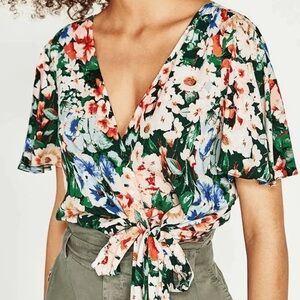 Zara Floral Wrap Blouse Top Size Large